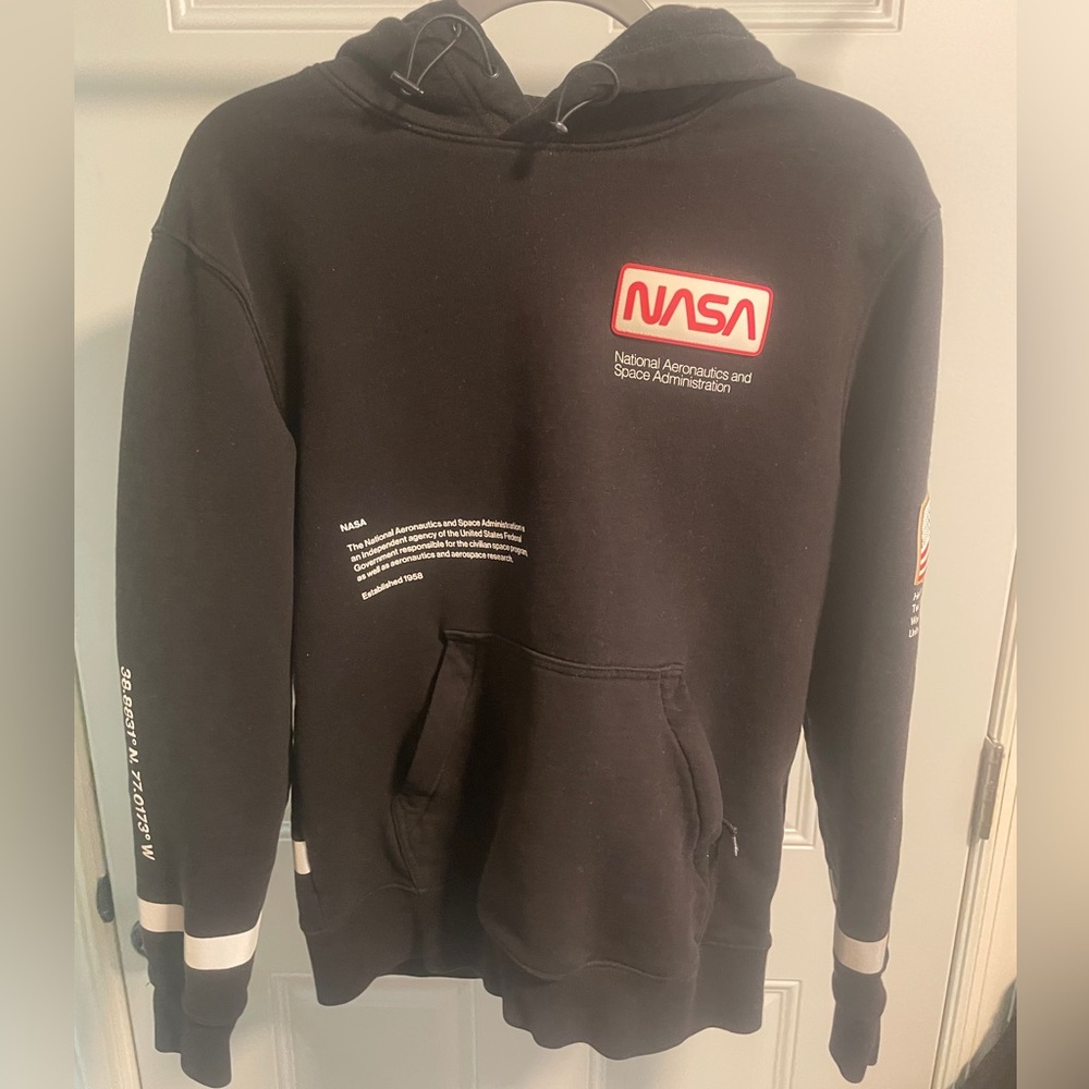 Black NASA Sweatshirt with Logo Patches and Sleeve Stripes